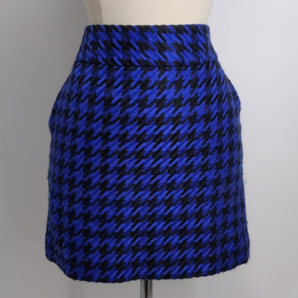 Blue and Black Houndstooth Wool Skirt